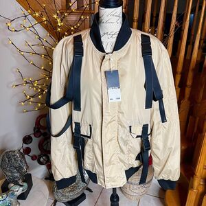 Weiv Men’s Fashion Utility Straps Cream Black Windbreaker Bomber Jacket Size L